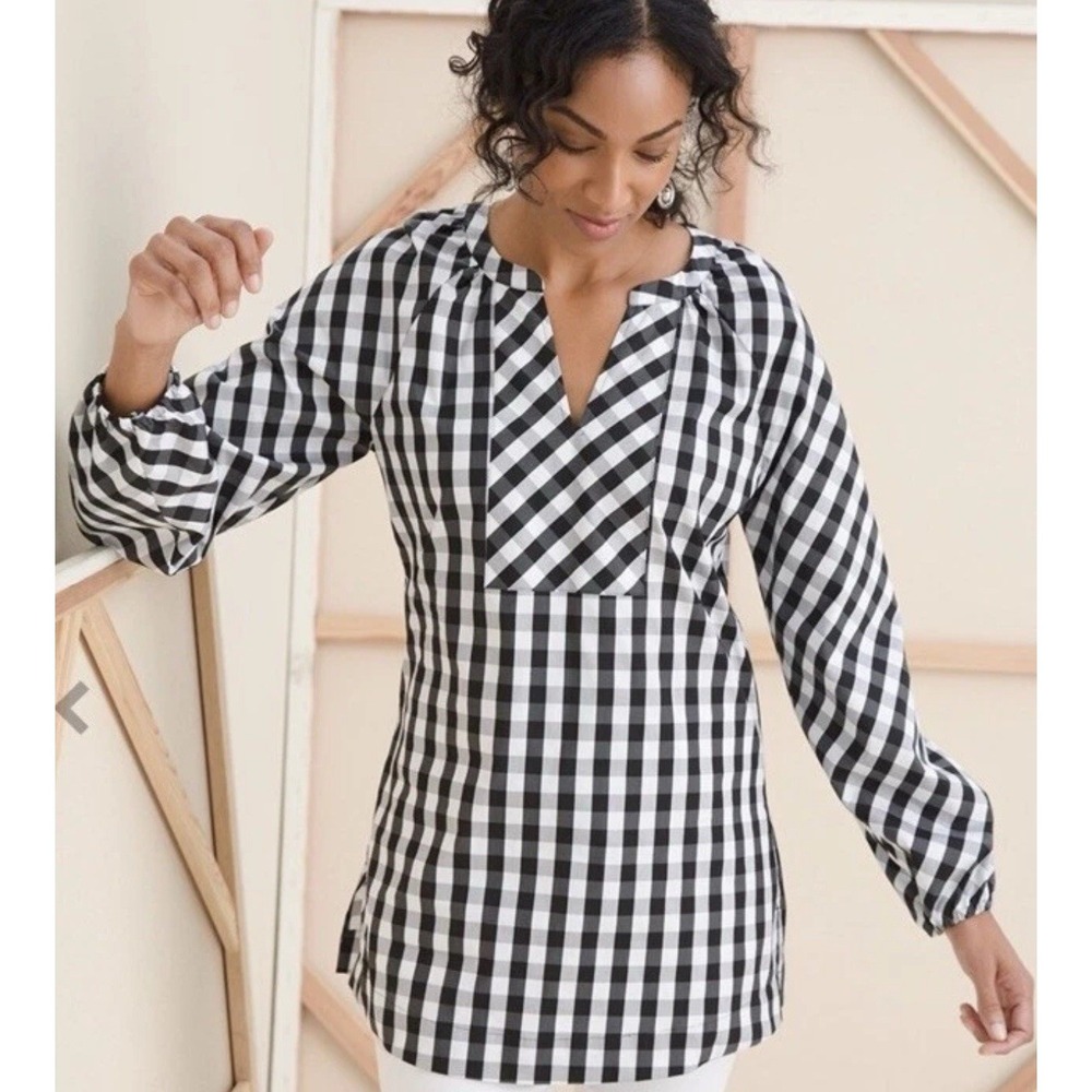 Chico's Tunic Top Women Sz 3 16/18 XL Black White Gingham Drama Sleeve Poplin